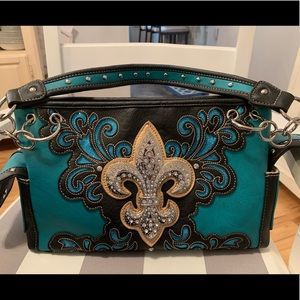 Purse/Handbag - Teal blue Rhinestone Fleur de Lis
